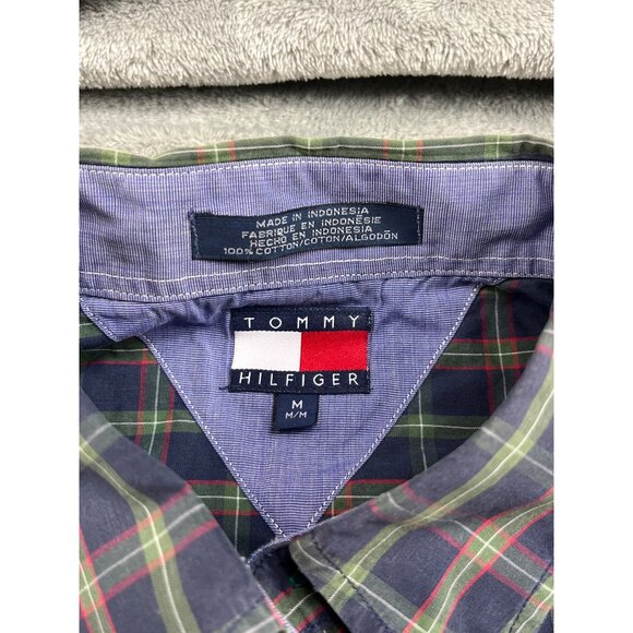 90s Tommy Hilfiger Men Medium Navy Green/Red Lion Crest Plaid Button-Down Shirt - Picture 3 of 11
